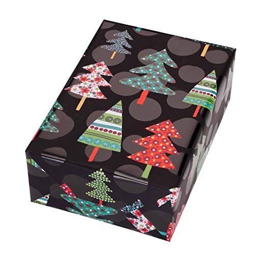 Geschenkpapier Weihnachten 1 Rolle 50 cm x 50 m, 70 g/qm, Punkte und farbenfrohe Tannenbäume glänzen aus dem mattschwarzen Fond heraus. Weihnachtsgeschenkpapier. Kindergeschenkpapier. von JUNG SCHÖNER VERPACKEN