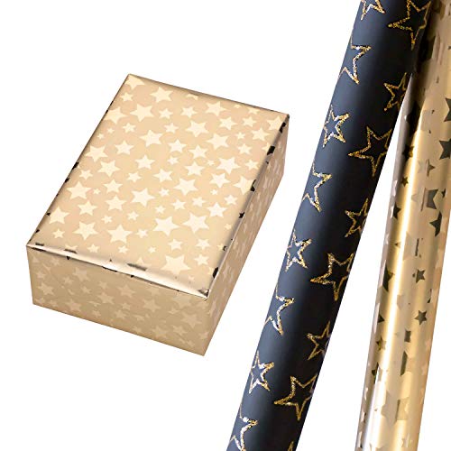 Geschenkpapier Weihnachten Set 2 Rollen (75 x 150 cm), Sternen-Kontur-Design mit Glitter gold auf schwarzem Fond + hochglänzende goldene Sterne auf mattgoldenem Metallic-Papier. von JUNG SCHÖNER VERPACKEN