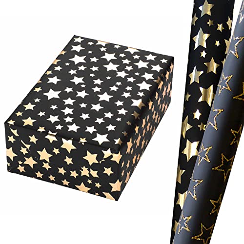 Geschenkpapier Weihnachten Set 2 Rollen (75 x 150 cm), gold-Sternen-Design auf hochglänzendem Metallic-Papier mit schwarzem Fond, Sternen-Kontur-Design mit Glitter gold auf schwarzem Fond. von JUNG Verpackungen
