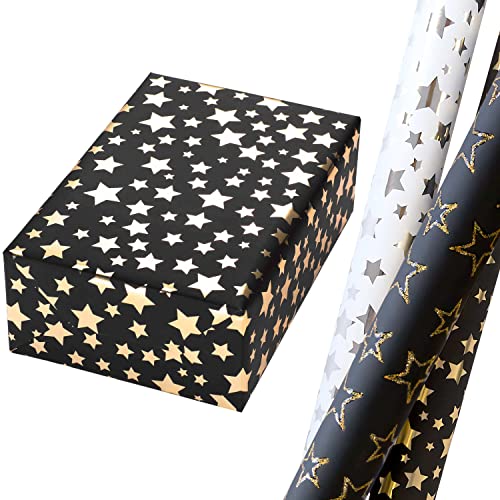 Geschenkpapier Weihnachten Set 3 Rollen (75 x 150 cm), schwarzes und weißes Sterne-Design auf Metallic-Papier, Sternen-Kontur-Design mit Glitter gold auf schwarzem Fond. Für Weihnachten, Geburtstag. von JUNG Verpackungen