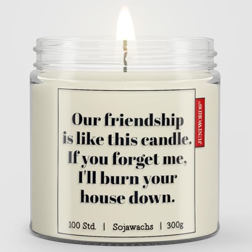 JUNIWORDS Duftkerze, Our friendship is like this candle. If you forget me, I'll burn your house down. 300 Gramm Sojawachs, ca. 100 Stunden Brenndauer, Baumwolldocht, Handmade in Germany - Fresh Linen JUNIWORDS Duftkerze, Our friendship is like this candle. If you forget me, I'll burn your house down. 300 Gramm Sojawachs, ca. 100 Stunden Brenndauer, Baumwolldocht, Handmade in Germany - Fresh Linen von JUNIWORDS