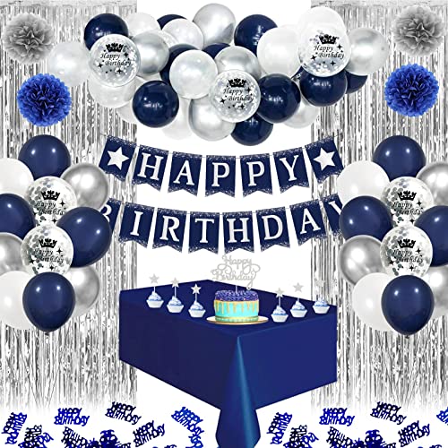 Geburtstagsdeko Mann, Happy Birthday Banner, Konfetti Luftballon, Marineblau Silber und Weiß Latex Luftballon Tortendeko Pompoms für Mädchen Junge Frauen Hochzeit Party von VICTERR