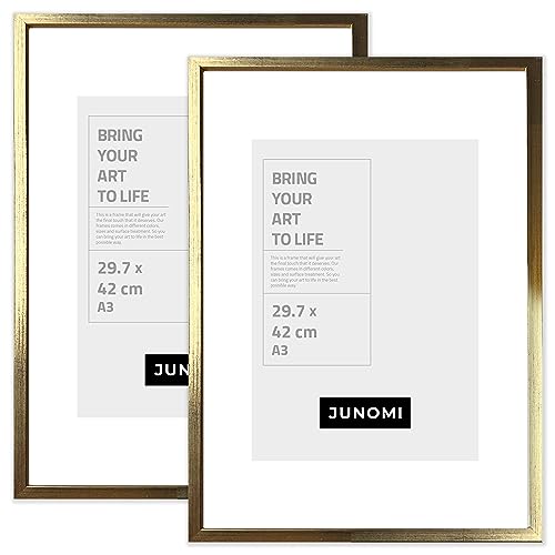 JUNOMI® 2 x Bilderrahmen DIN A3 Holz | Farbe Gold | Bilderrahmen gold mit bruchsicherem Acryl-Glas | Bilderrahmen Holz … von JUNOMI