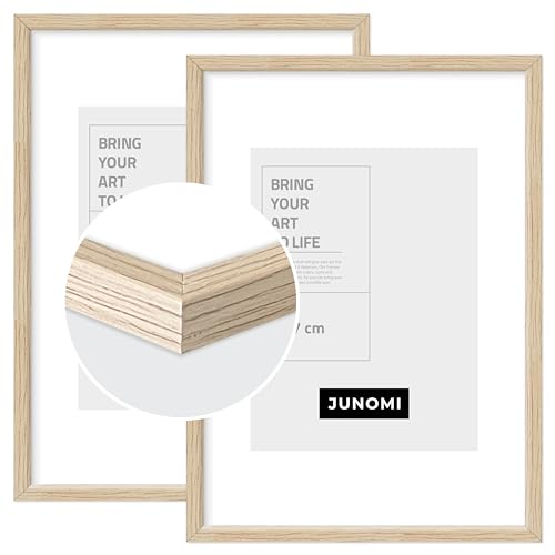 JUNOMI® 2 x Bilderrahmen DIN A4 Holz | Farbe Eiche | Bilderrahmen mit bruchsicherem Acryl-Glas und Standfuß von JUNOMI