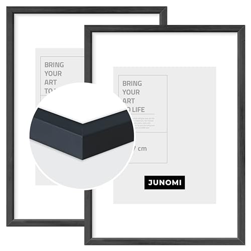 JUNOMI® 2 x Bilderrahmen DIN A4 Holz | Farbe Schwarz | Bilderrahmen mit bruchsicherem Acryl-Glas und Standfuß von JUNOMI