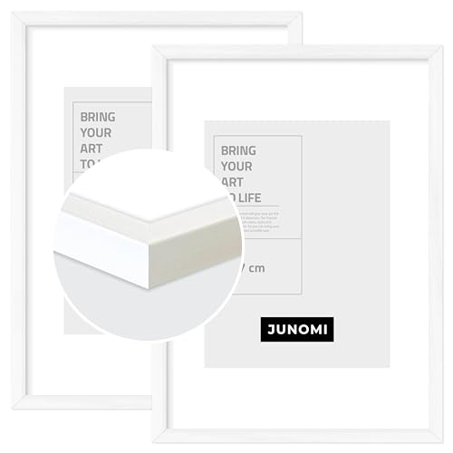 JUNOMI® 2 x Bilderrahmen DIN A4 Holz | Farbe Weiß | Bilderrahmen mit bruchsicherem Acryl-Glas und Standfuß von JUNOMI