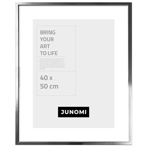 JUNOMI® Bilderrahmen 40 x 50 cm Holz | Farbe Silber | Bilderrahmen Silber mit bruchsicherem Acryl-Glas | Bilderrahmen Holz von JUNOMI