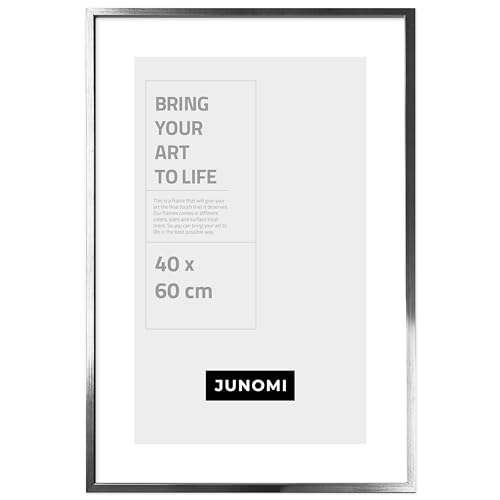 JUNOMI® Bilderrahmen 40 x 60 cm Holz | Farbe Silber | Bilderrahmen Silber mit bruchsicherem Acryl-Glas | Bilderrahmen Holz von JUNOMI
