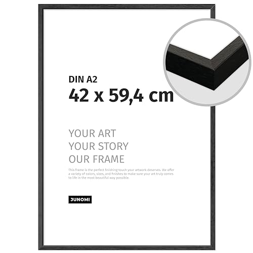 JUNOMI® Bilderrahmen DIN A2 (42x59,4 cm) | Farbe Schwarz | Bilderrahmen aus MDF mit bruchsicherem Acryl-Glas | Bilderrahmen Holz von JUNOMI