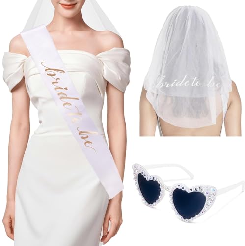 JUSTOTRY 3 Stück Bride to Be Set,Weiß Jga Frauen Schärpe und Embroidered Schleier Team Braut für Junggesellenabschied Frauen Deko,Hochzeit Gift für Bachelorette Party von JUSTOTRY