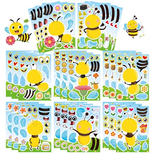 JUUFLA 24 Stück Bienen DIY Aufkleber Set für Kinder – Gesichtsgestaltung Bastelset, Party Mitgebsel, Geburtstag Dekoration & Bastelspaß, Sticker zum Selbstgestalten für Bienenparty von JUUFLA