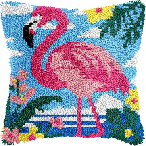 JUYIYUANFUZH KnüPfkissen Set Kissenbezug Teppich Stickerei Set Roter Flamingo 2 KnüPfset KnüPfbild FüR AnfäNger, Erwachsene, Kissen Zum SelberknüPfen 43 x 43 cm von JUYIYUANFUZH