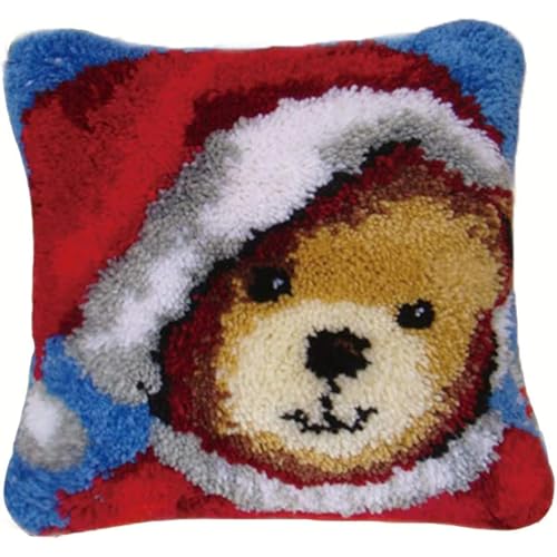 JUYIYUANFUZH KnüPfkissen Set Kissenbezug Teppich Stickerei SetBäR Mit HutKnüPfset KnüPfbild FüR AnfäNger, Erwachsene, Kissen Zum SelberknüPfen 43 x 43 cm von JUYIYUANFUZH