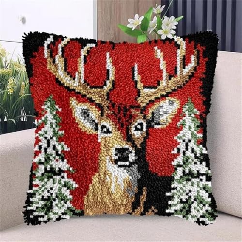 JUYIYUANFUZH KnüPfkissen Set Kissenbezug Teppich Stickerei SetBäUme Und HirscheKnüPfset KnüPfbild FüR AnfäNger, Erwachsene, Kissen Zum SelberknüPfen 43 x 43 cm von JUYIYUANFUZH