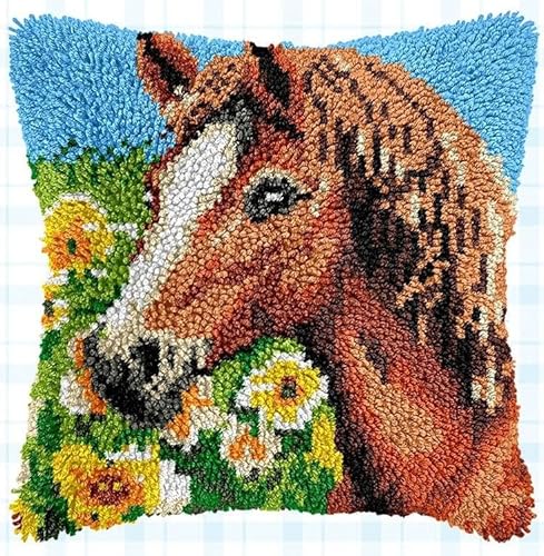 JUYIYUANFUZH KnüPfkissen Set Kissenbezug Teppich Stickerei SetPferd In Den BlumenKnüPfset KnüPfbild FüR AnfäNger, Erwachsene, Kissen Zum SelberknüPfen 43 x 43 cm von JUYIYUANFUZH