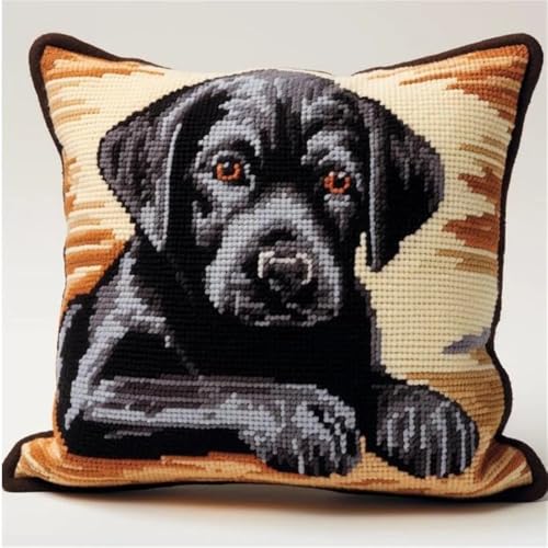 JUYIYUANFUZH KnüPfkissen Set Kissenbezug Teppich Stickerei SetSchwarzer LabradorKnüPfset KnüPfbild FüR AnfäNger, Erwachsene, Kissen Zum SelberknüPfen 43 x 43 cm von JUYIYUANFUZH