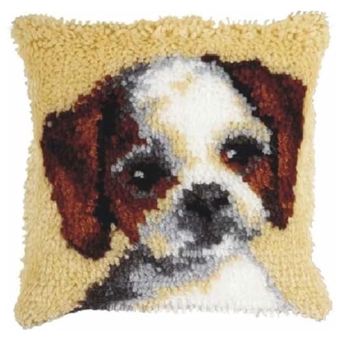 JUYIYUANFUZH KnüPfkissen Set Kissenbezug Teppich Stickerei SetSüßEr Hund BKnüPfset KnüPfbild FüR AnfäNger, Erwachsene, Kissen Zum SelberknüPfen 43 x 43 cm von JUYIYUANFUZH
