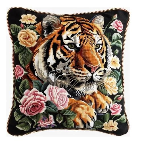JUYIYUANFUZH KnüPfkissen Set Kissenbezug Teppich Stickerei SetTiger In BlumenKnüPfset KnüPfbild FüR AnfäNger, Erwachsene, Kissen Zum SelberknüPfen 43 x 43 cm von JUYIYUANFUZH