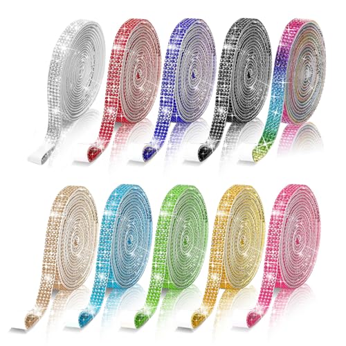 JVHLOV Selbstklebendes Strassband Set – 10 Rollen in Verschiedenen Farben, je 1 Yard, 4 Reihen, Glitzersteine für DIY-Dekorationen, Hochzeit, Party & Geschenkverpackung von JVHLOV