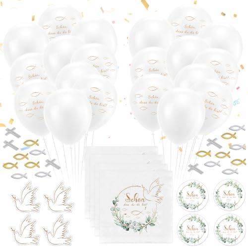 JWDMHSJ 120 Stück Kommunion Deko, Taufe Deko Junge Mädchen, Konfirmation Deko Servietten, Holz Fische Deko, Luftballons, Kommunion Taufe Tischdeko, Tischdeko für Taufe, Kommunion,Konfirmation von JWDMHSJ