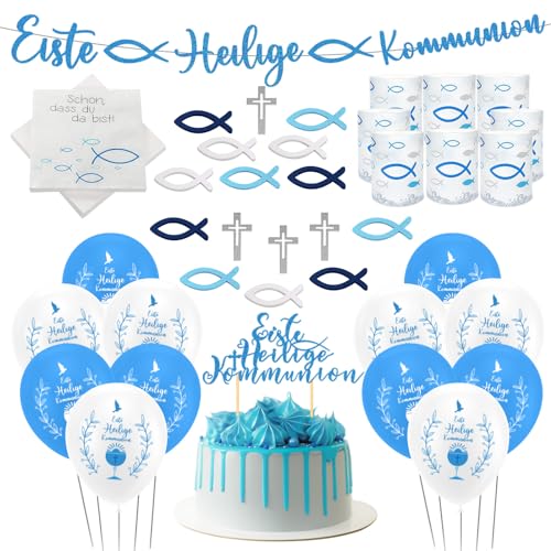 Kommunion Deko, Taufe Deko Junge Mädchen, Konfirmation Deko Servietten, Holz Fische Deko, Luftballons, Kommunion Taufe Tischdeko, Tischdeko für Taufe, Kommunion,Konfirmation (C) von JWDMHSJ