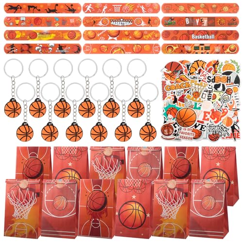 JWTRSVTY 86PCS Basketball Party Mitgebsel Set, Basketball Partygeschenke, Basketball Party Favors, mit 12 Armbänder 12 Geschenktüten 12 Schlüsselanhänger 12 Aufkleber, für Mädchen Jungen Party Zubehör von JWTRSVTY