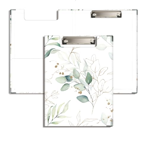 JWVK Eukalyptus-Klemmbrett mit Aufbewahrungstasche, Blattblumen, botanisches Padfolio mit Metall-Klemmbrettern für Krankenschwestern, Büro, Klassenzimmer, 31,8 x 22,9 cm, Grün und Gold von JWVK