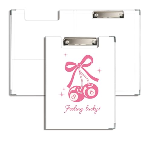 JWVK Trendiges pinkes Klemmbrett mit Schleife, Kirsche, mit Aufbewahrungstasche, Feeling Lucky 8 Kugel-Padfolio mit Metall-Clip-Boards für Krankenschwester, Büro, Klassenzimmer, 31,8 x 22,9 cm von JWVK