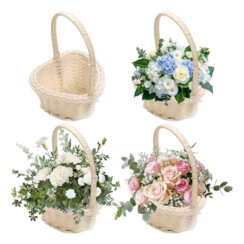 4 Stück Blumenkörbchen Hochzeit, 10 X 12 Cm Herzförmiger Gewebter Blumenmädchen Korb Mit Griff, Blumenkinder Korb für Hochzeiten, Kleine Weiden Rattan Blumenkorb Bespannt Herz Ablagekorb für Part von JXAXD