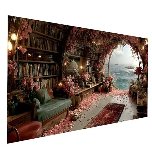 5D Diamond Painting Erwachsene, Diamant Malen Nach Zahlen Bücherregal mit Diamond Painting Zubehör Set Meerblick Vollbohrer leinwand Malen 35x70cm, Diamant Cross Stitch Bastelset Erwachsene JXL-10492 von JXLEULIN