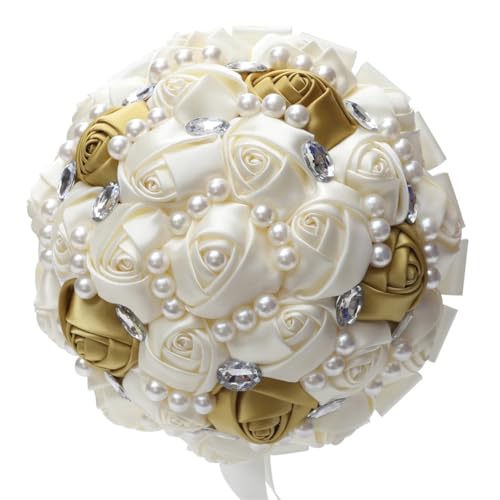 JYBNBBE 18CM Brautstrauß Golden Strass Seide handgemachte Blumen Braut Brautjungfern Multicolor Hochzeitsstrauß,Beige Gold von JYBNBBE