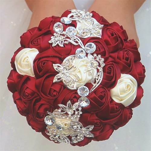 JYBNBBE Braut und Brautjungfer halten Blumenstrauß handgefertigt Band Rose Strass Bouquet Hochzeit Zubehör,15cm WineRed Ivory JYBNBBE Braut und Brautjungfer halten Blumenstrauß handgefertigt Band Rose Strass Bouquet Hochzeit Zubehör,15cm WineRed Ivory von JYBNBBE