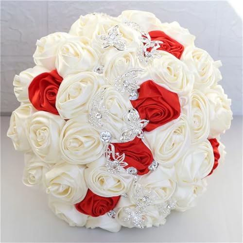 JYBNBBE Handgemachte Satin Rose Bouquet Silber Strass Braut Brautjungfer Bouquets Diamant Brosche Hochzeit Bouquet,Red Ivory 22cm JYBNBBE Handgemachte Satin Rose Bouquet Silber Strass Braut Brautjungfer Bouquets Diamant Brosche Hochzeit Bouquet,Red Ivory 22cm von JYBNBBE