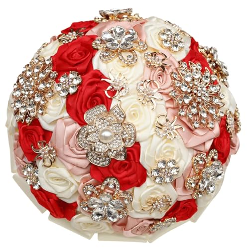 JYBNBBE Handgemachte rote künstliche Rose Blumen Strass Braut Brautjungfer Buequet Diamant Brosche Hochzeit Bouquet Blume,Red Ivory Mix JYBNBBE Handgemachte rote künstliche Rose Blumen Strass Braut Brautjungfer Buequet Diamant Brosche Hochzeit Bouquet Blume,Red Ivory Mix von JYBNBBE