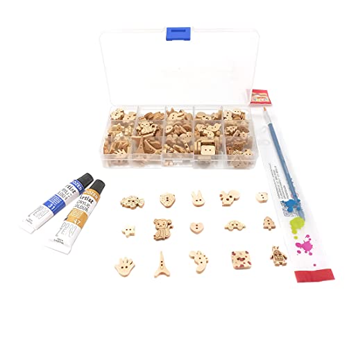 200 Holzknöpfe Formen + Pinsel + 2 Farben, Tierknöpfe, lustige Knöpfe, Basteln, Knöpfe zum Nähen, Knöpfe zum Dekorieren, farbige Knöpfe, Geschenk, (9032-200 Stück) von JYC CREATIVE
