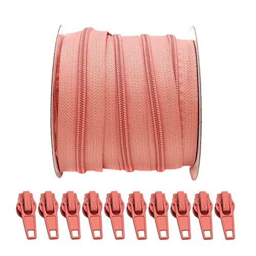 25 Meter Reißverschluss Nylon Durchgehender + 10 Automatische 5# Metallschieber zum Nähen von Kleidung, Meterware (Koralle 406, 25 m + 10C) von JYC CREATIVE