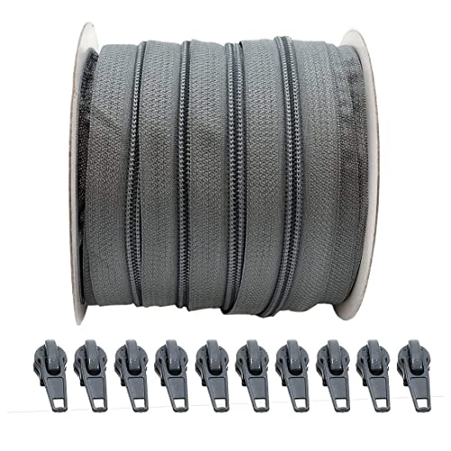 25 Meter Reißverschluss Nylon Durchgehender + 10 Automatische Metallschieber 5#, Reißverschluss zum Nähen von Kleidung, Reißverschluss Meterware, (Grau 319, 25 m + 10C) von JYC CREATIVE