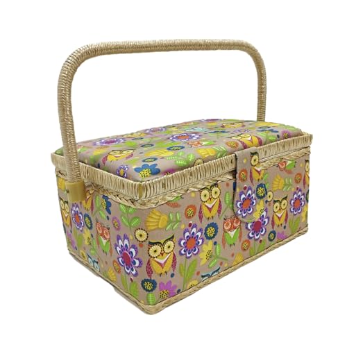 JYC CREATIVE Großer Nähkasten aus Holz, mit Stoff ausgekleidet, mit 8 Fächern, Organizer mit Nadelfach, Aufbewahrungsbox mit Griff und Tablett, (Eulen, mittel) von JYC CREATIVE