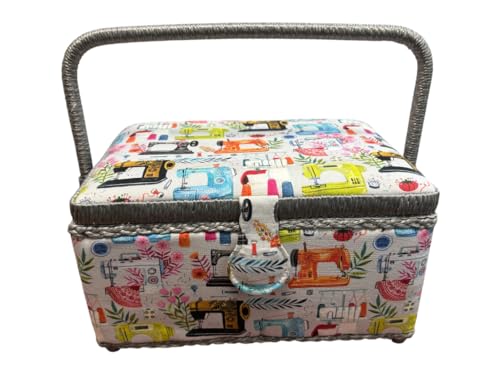 Großer Nähkasten aus Holz, mit Stoff ausgekleidet, mit 8 Fächern, Organizer mit Nadelfach, Aufbewahrungsbox mit Griff und Tablett, (P14, mittel) von JYC CREATIVE