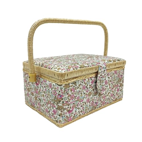 Großer Nähkasten aus Holz, mit Stoff ausgekleidet, mit 8 Fächern, Organizer mit Nadelfach, Aufbewahrungsbox mit Griff und Tablett, Blumen, Größe M Großer Nähkasten aus Holz, mit Stoff ausgekleidet, mit 8 Fächern, Organizer mit Nadelfach, Aufbewahrungsbox mit Griff und Tablett, Blumen, Größe M von JYC CREATIVE