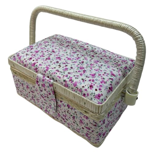 Großer Nähkasten aus Holz, mit Stoff ausgekleidet, mit 8 Fächern, Organizer mit Nadelfach, Aufbewahrungsbox mit Griff und Tablett, rosa Blume, klein von JYC CREATIVE