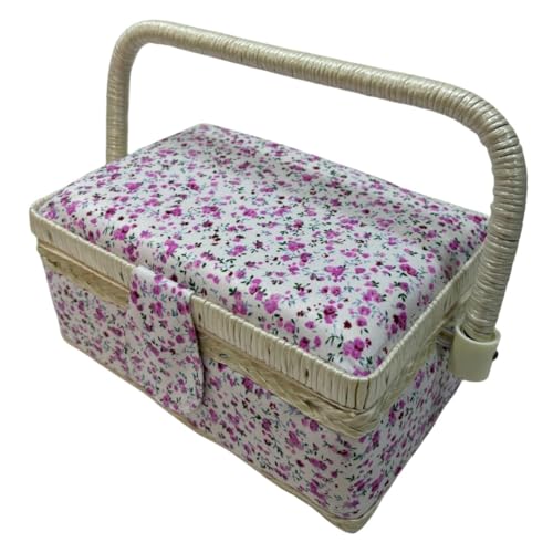 Großer Nähkasten aus Holz, mit Stoff ausgekleidet, mit 8 Fächern, Organizer mit Nadelfach, Aufbewahrungsbox mit Griff und Tablett, rosa Blume, mittelgroß von JYC CREATIVE