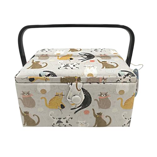 JYC CREATIVE Nähkästchen aus Holz, mittelgroß, mit Stoff ausgekleidet, mit 8 Fächern, Organizer mit Nadelfach, Aufbewahrungsbox mit Griff und Tablett, (Nähen, mittelgroß) von JYC CREATIVE