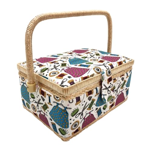 Medium leerer Nähkasten aus Holz, mit Stoff ausgekleidet, mit 4 Fächern, Organizer mit Nadelhalter, Aufbewahrungsbox mit Griff, Zubehörablage (mittel, Fäden) von JYC CREATIVE