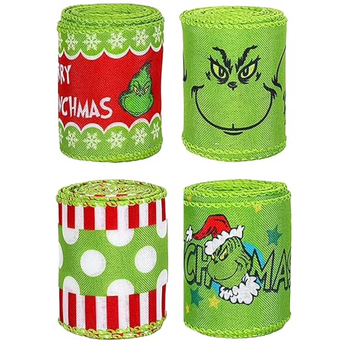 Weihnachtsband, 4,5 m, 64 mm, Grün und Rot, 4 Stück, Geschenkband, DIY, Weihnachten, lustiges Cartoon-Dekorband für Weihnachtsbaum, Kranz und Basteldekorationen Weihnachtsband, 4,5 m, 64 mm, Grün und Rot, 4 Stück, Geschenkband, DIY, Weihnachten, lustiges Cartoon-Dekorband für Weihnachtsbaum, Kranz und Basteldekorationen von JYNKID