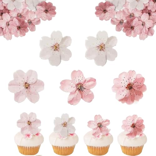 JYNVO Blumen Tortendeko, 50 Stück essbare Sakura-Cupcake-Dekorationen, Muffin Deko Hochzeit Essbar, Essbare Cupcake Toppers Hochzeit, Esspapier Blüten Deko Torte Geburtstag, Kuchen Deko Mädchen von JYNVO