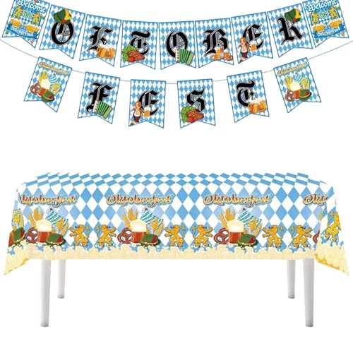 JYNVO Oktoberfest Deko Set - 15 Banderinen + 1 Tischdecke, Bayrische Festdekoration für Party von JYNVO