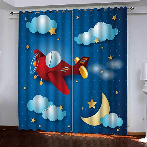 Vorhang Kinderzimmer Karikatur Flugzeug Wolke Kinder Vorhänge mit Ösen Polyester Gardinen Thermovorhang Blickdicht Ösenschal Kindergardinen für Wohnzimmer Schlafzimmer,2er Set,75x166cm (B x H),Blau von JYNVOAT