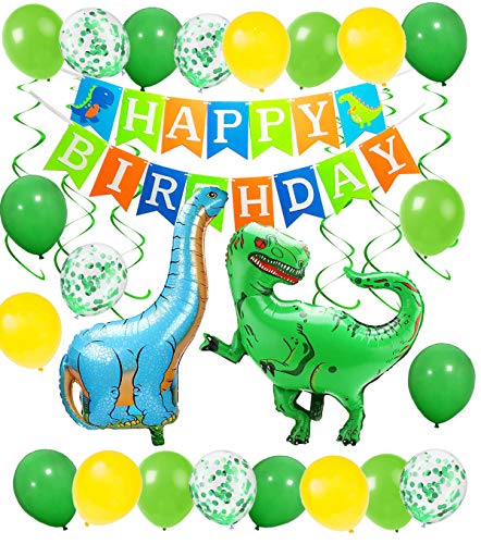 Geburtstag Deko Junge Brontosaurus Tyrannosaurus Rex Folienballons Dinosaurier Happy Birthday Girlande mit Luftballons Grün und Gelb für Dschungel Party Kinder Dinosaurier Party Dekoration von JYOHEY