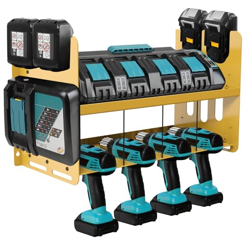 JYiuog Werkzeugspeicher Wandhalterung,Werkzeugregal für Makita Ladegerät DC18SF DC18RC,18V/14.4V Akkus und Schlagbohrer,Werkzeughalter für Werkstatt und Garage,Werkzeugregal Organisation (Gelb) von JYiuog